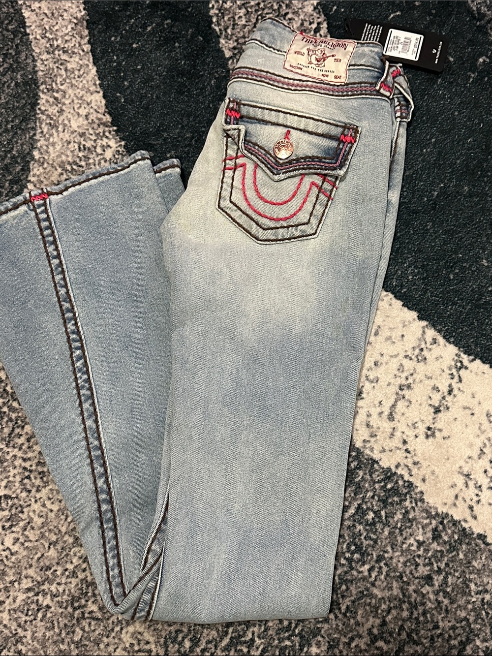 True Religion Light Blue Skinny Jeans with Pink Contrast Stitching